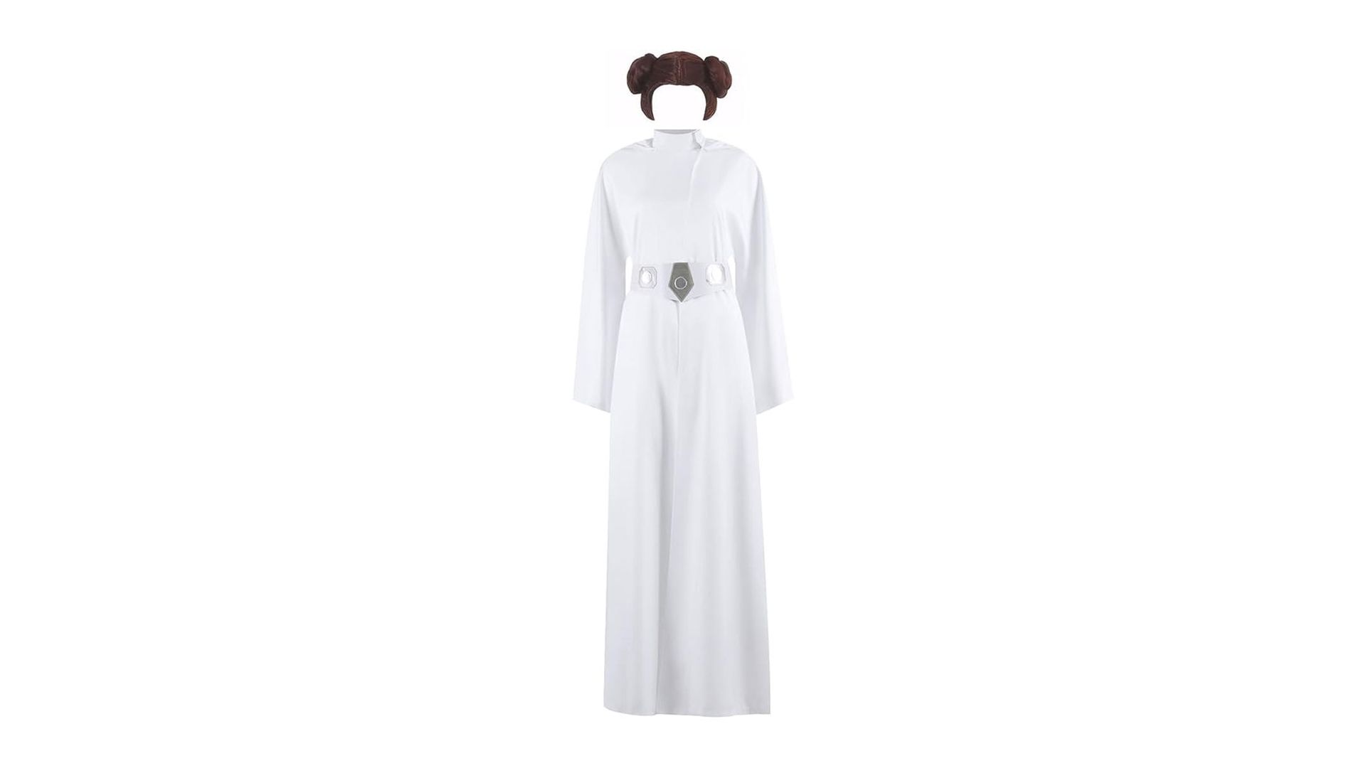 A Princess Leia costume with wig on a white background.