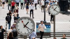 Clocks seen in London&rsquo;s Canary Wharf district. 