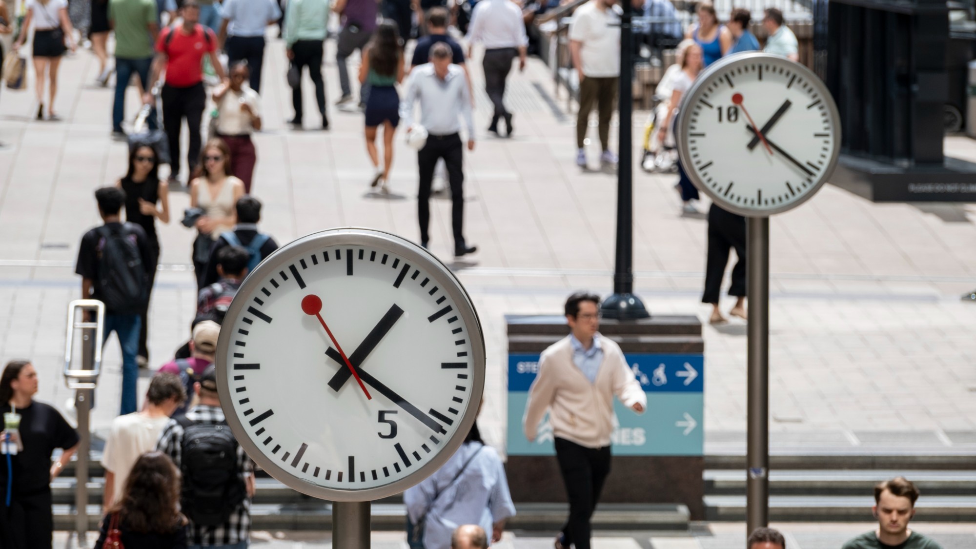Clocks seen in London&rsquo;s Canary Wharf district. 