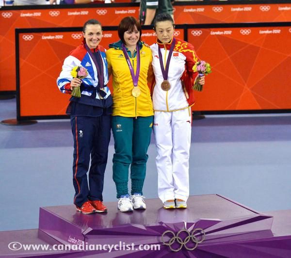 Victoria Pendleton, Anna Meares and Shuang Guo on the podium
