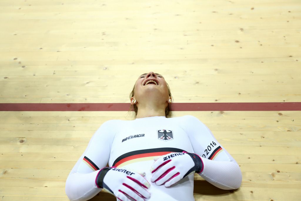 Kristina Vogel takes in the moment after winning gold in the sprint