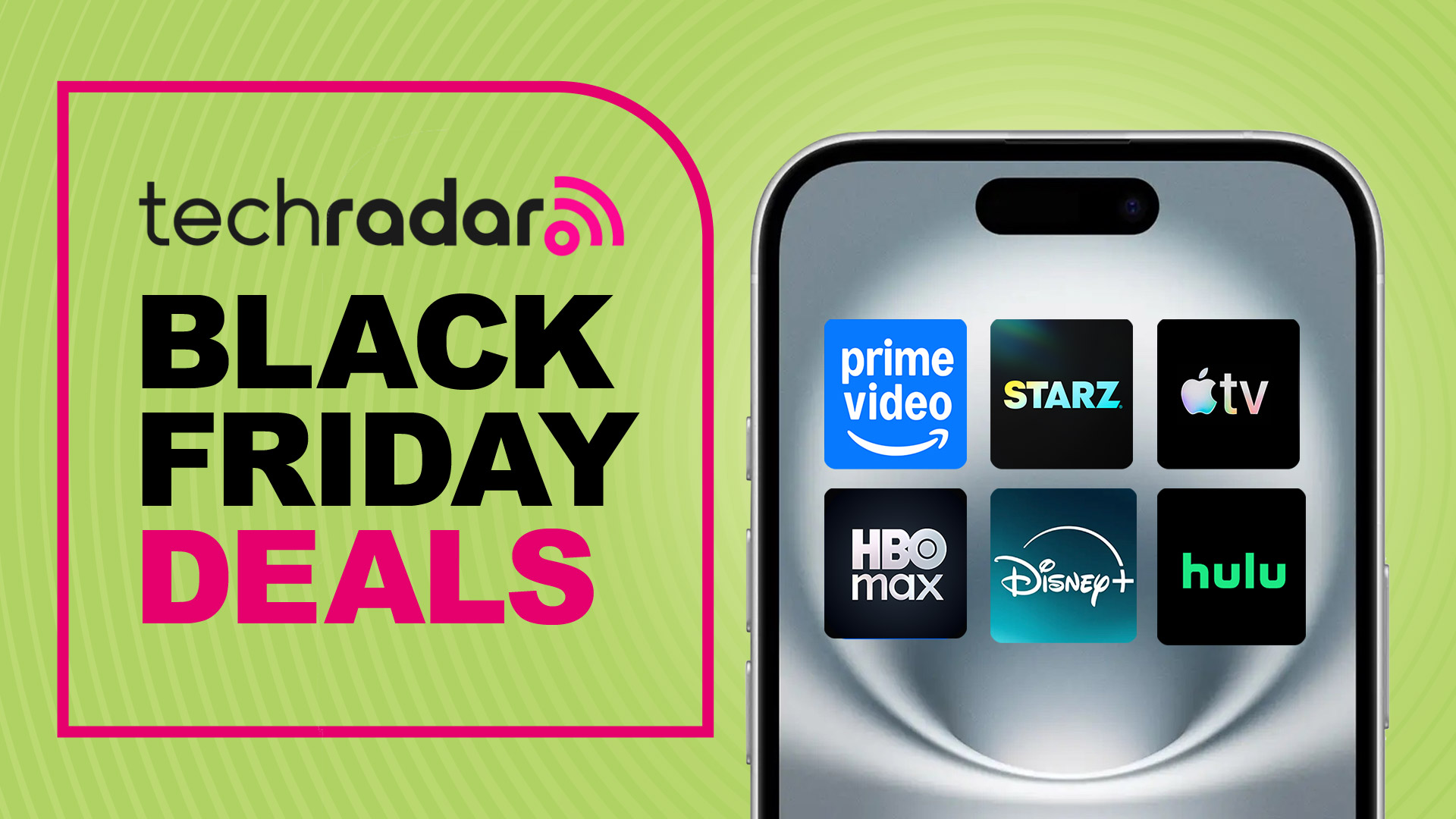 A phone with various streaming service logos on it next to the words 'Black Friday deals'