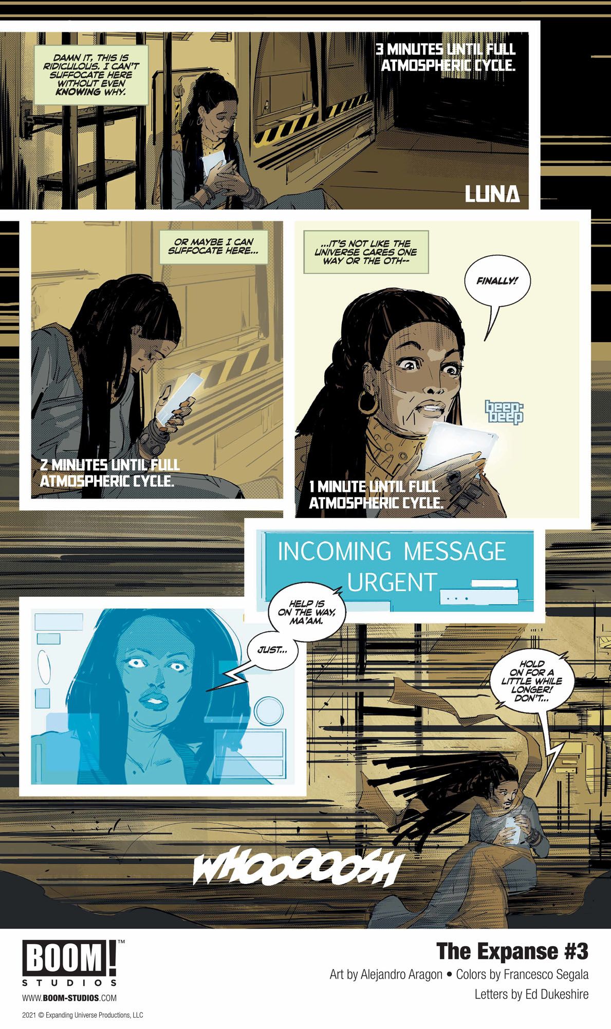 Avasarala and Bobbie face dire threats in "The Expanse" issue three of Boom! Studios' comic book miniseries.