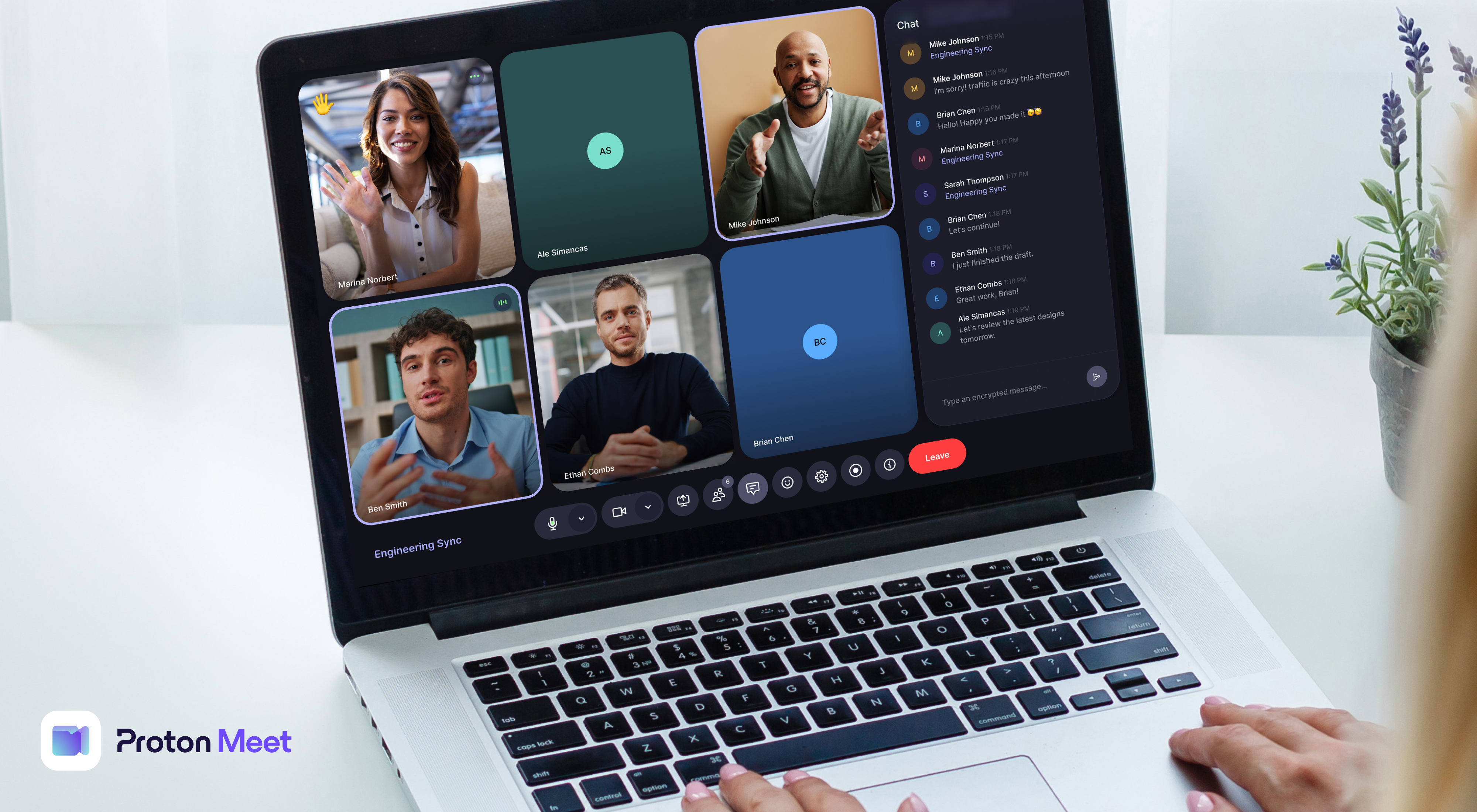 Promotional images for Proton Meet, the Proton Workspace video conferencing platform, showing users in a video call on desktop app.