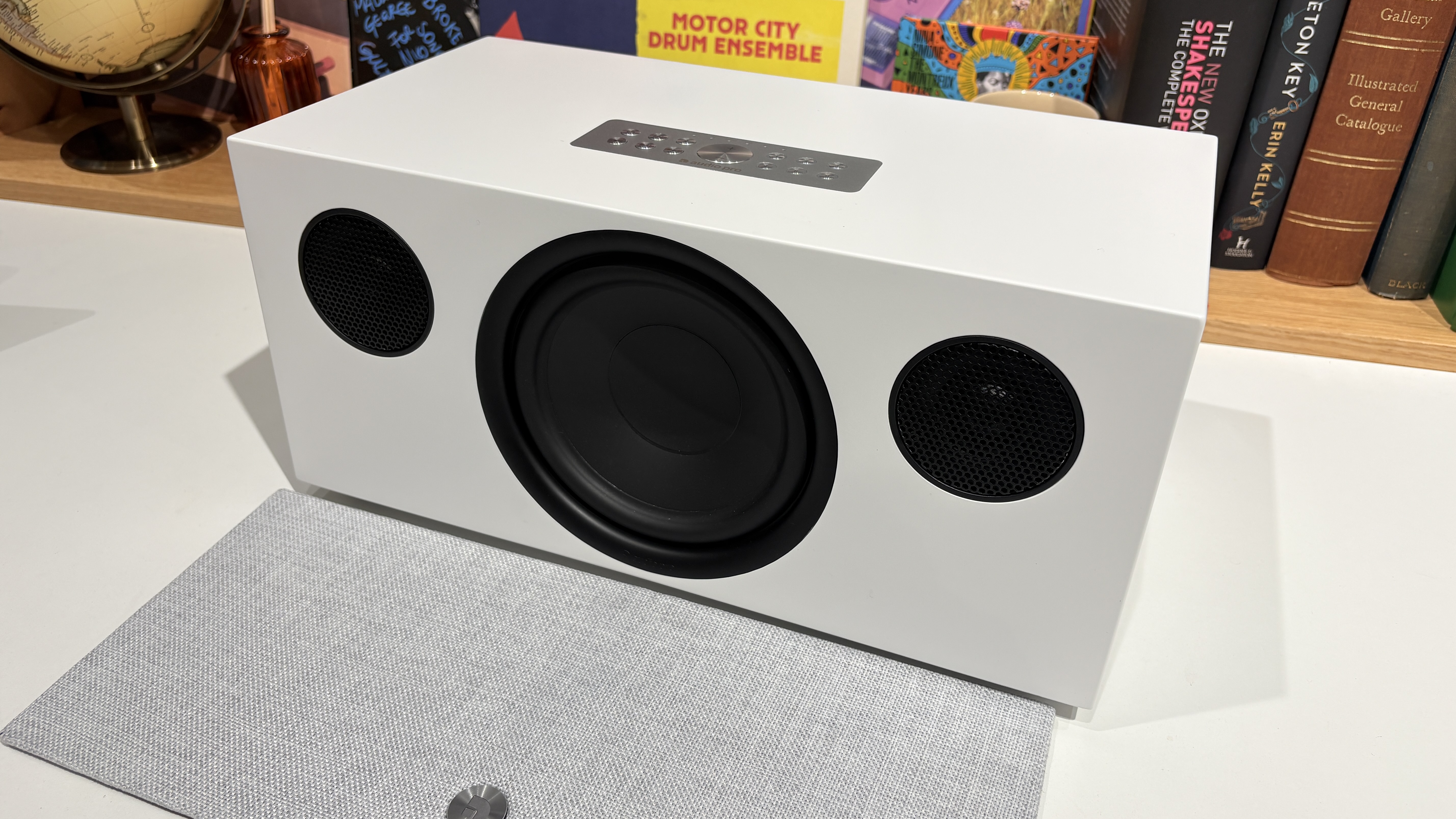 Audio Pro C20 W wireless speaker in white finish on table