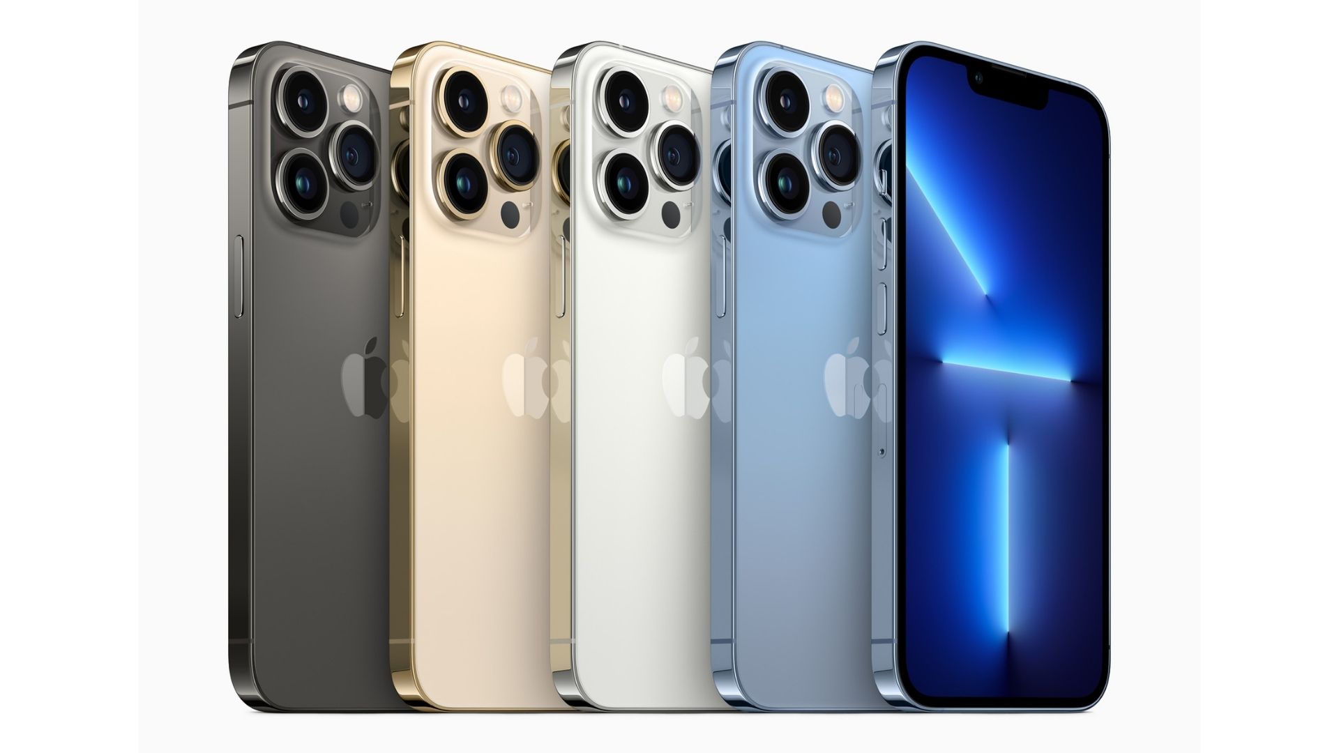 Product photo showing the Apple iPhone 13 Pro is available in black, gold, white and blue