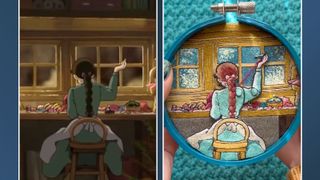 A screenshot from the film Howl's Moving Castle next to an embroidered version of the same scene