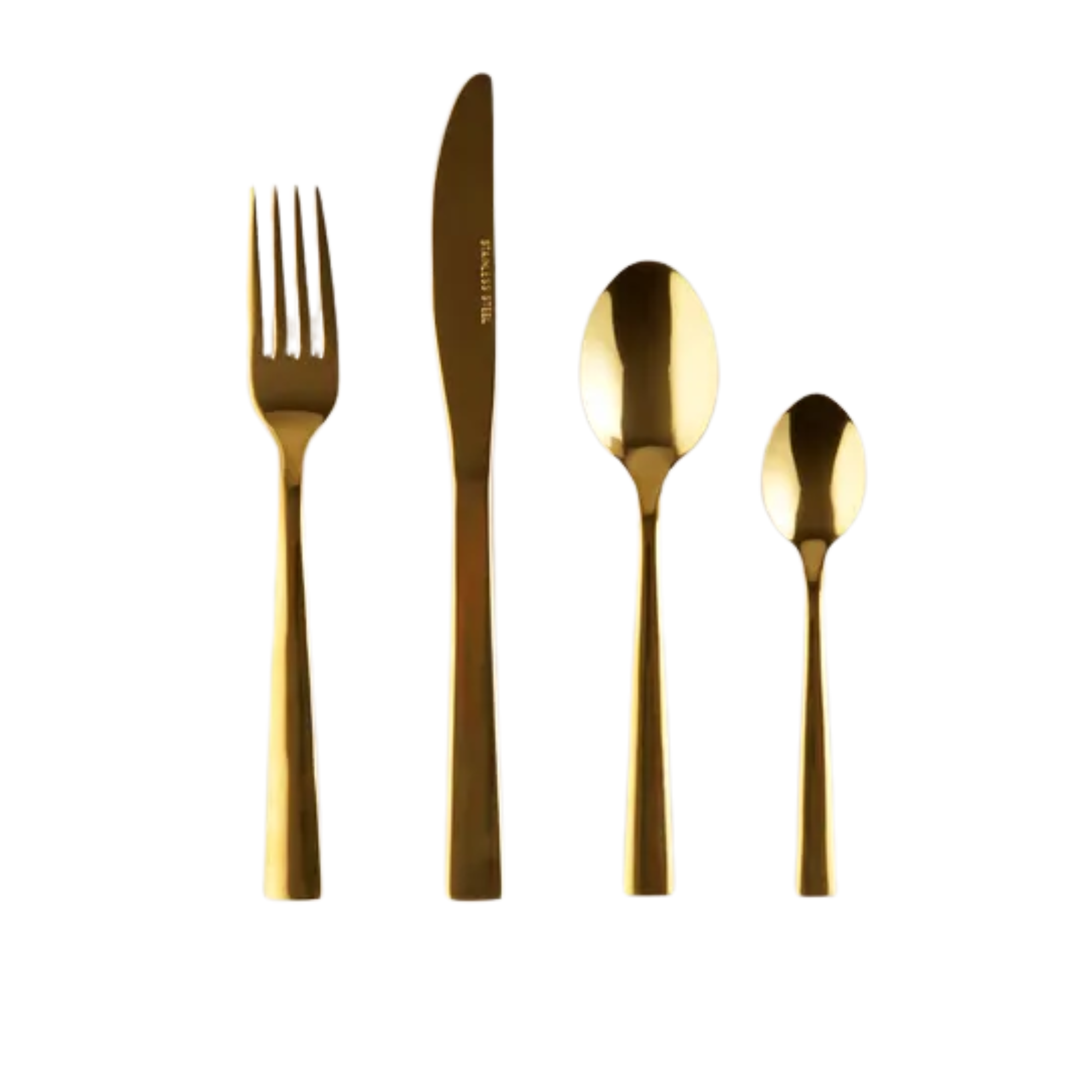 gold cutlery set with a fork, knife, and two spoons