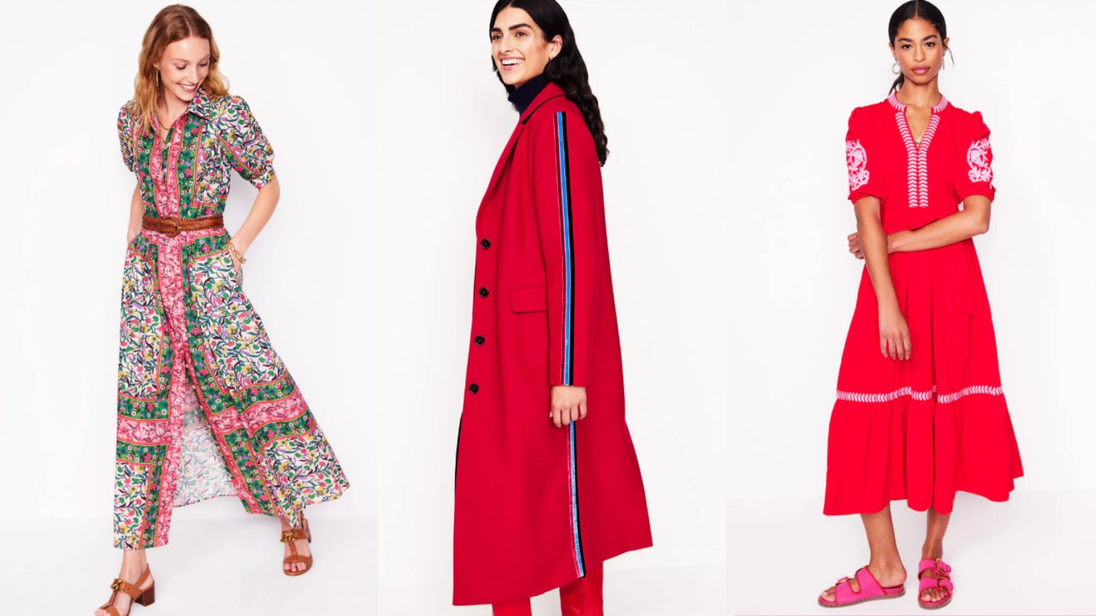 three models wearing Boden sale clothing