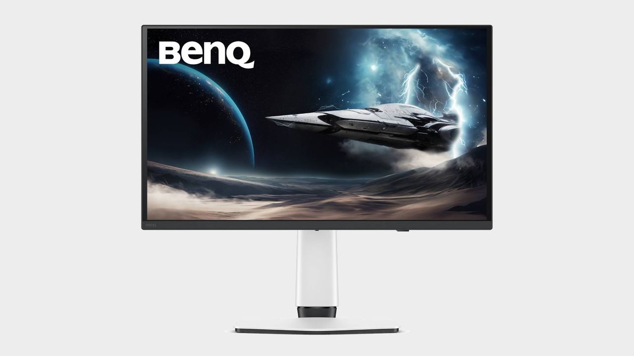 BenQ Mobiuz EX321UZ monitor with grey backdrop.