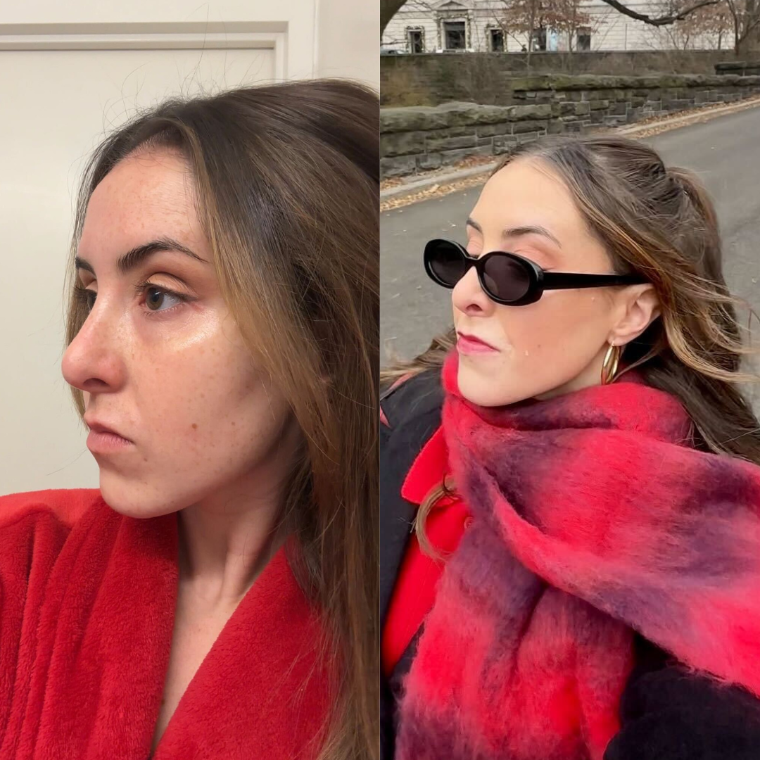 Christina DAmbrosio using Biossance Squalane + Growth Factor Firming Moisturizer with and without makeup.