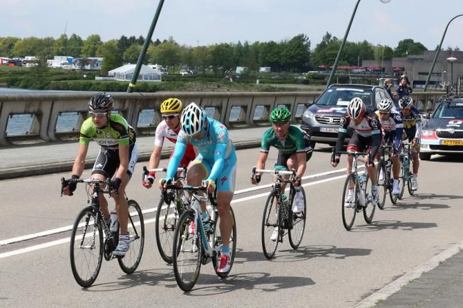 The seven-man break in action during stage 4 at the Tour of Belgium