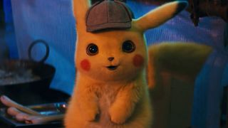 Ryan Reynolds voicing Detective Pikachu in the live-action Pokemon movie