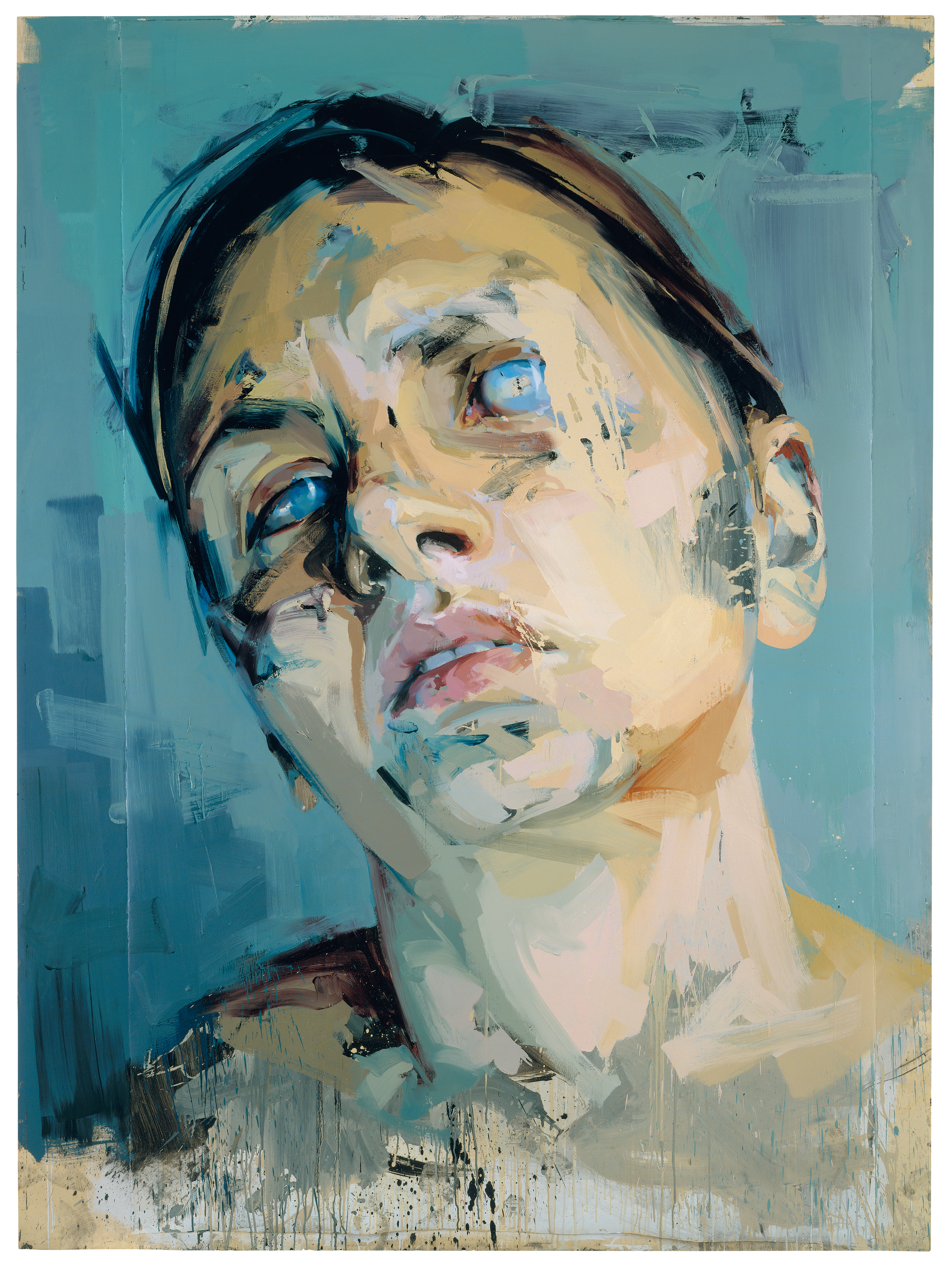 painting of woman's face with blurred-out eyes