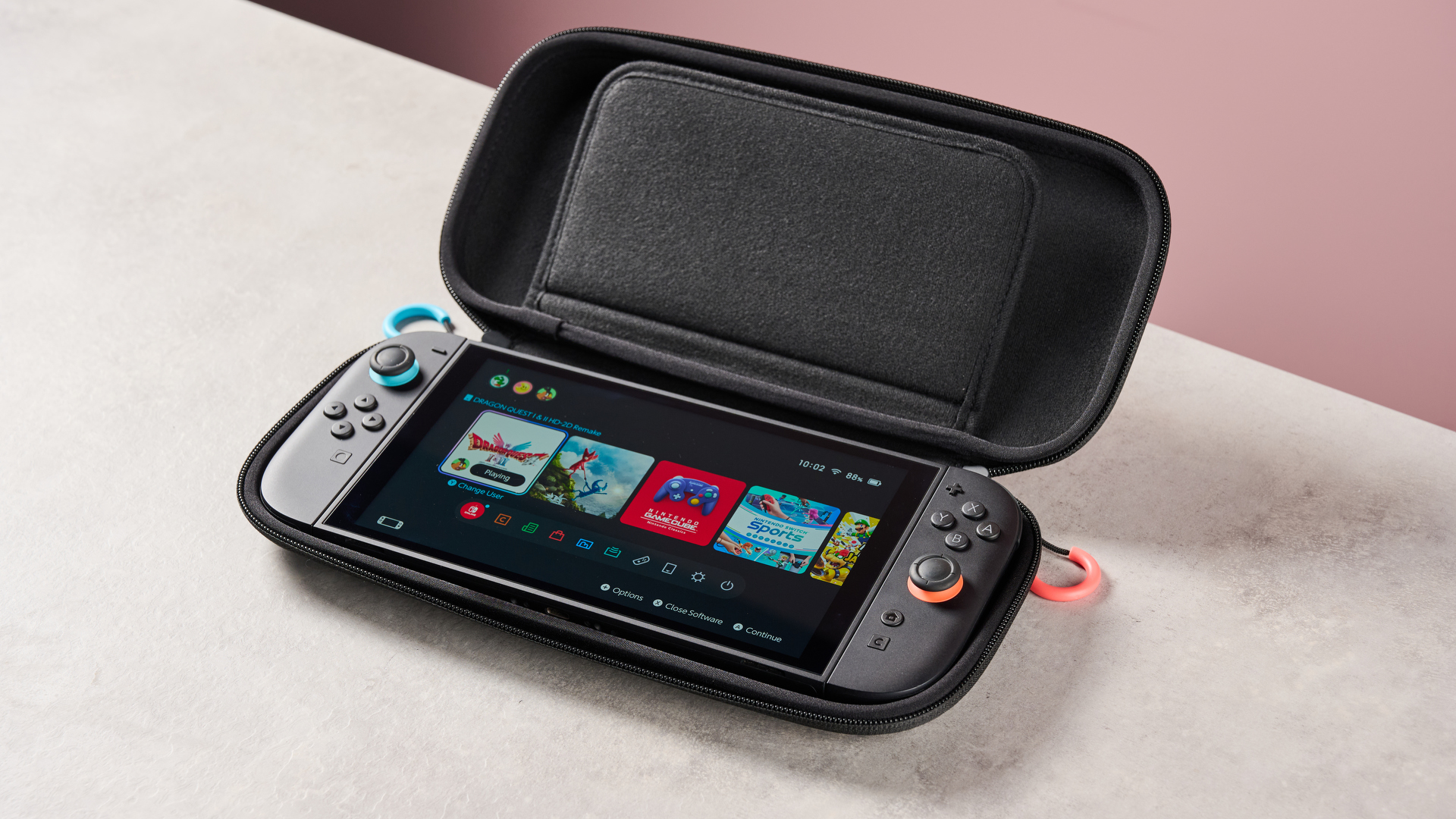 Nintendo Switch 2 Carrying Case open showing Switch 2 console on the home menu