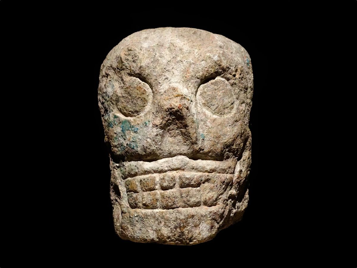 A decorative Maya stone skull.