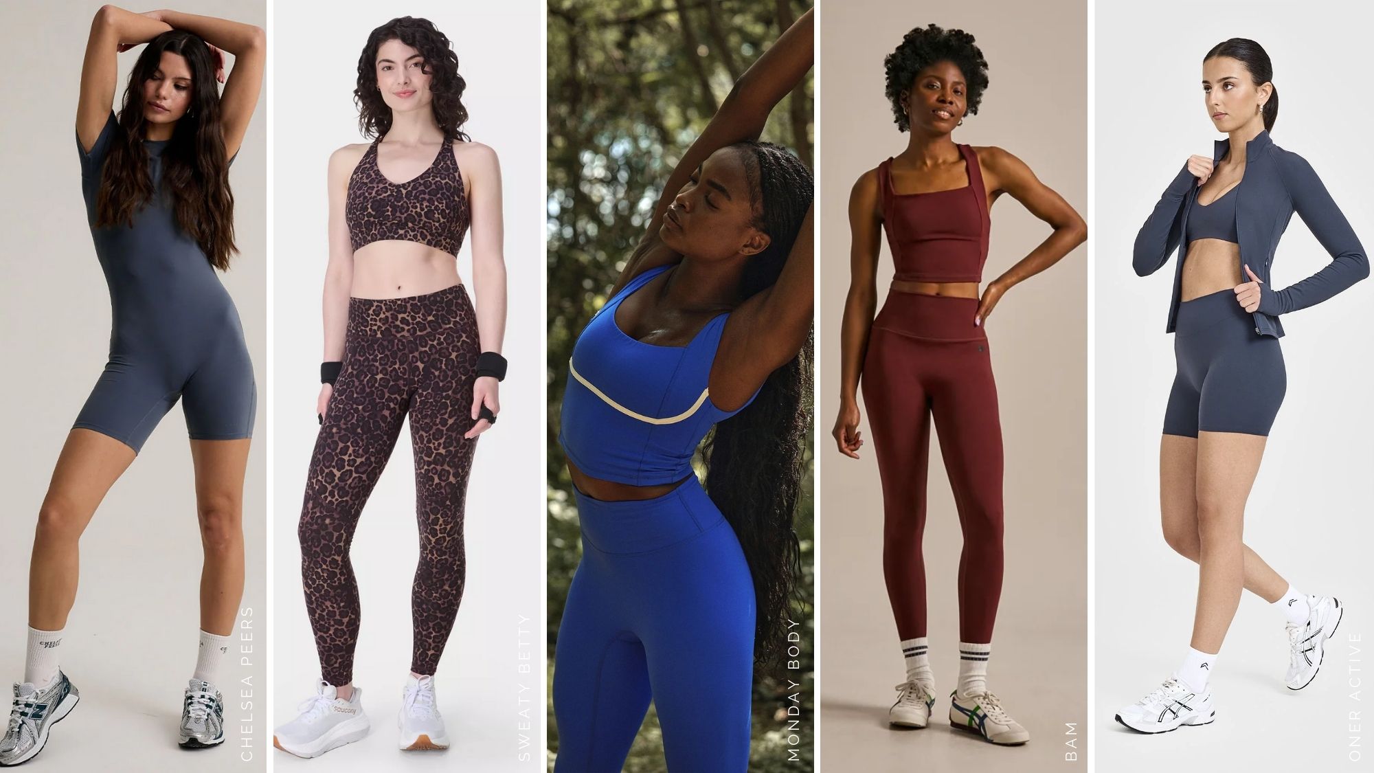 composite of models wearing reformer sets from Chelsea Peers, Sweaty Betty, Monday Body, BAM, Oner Active