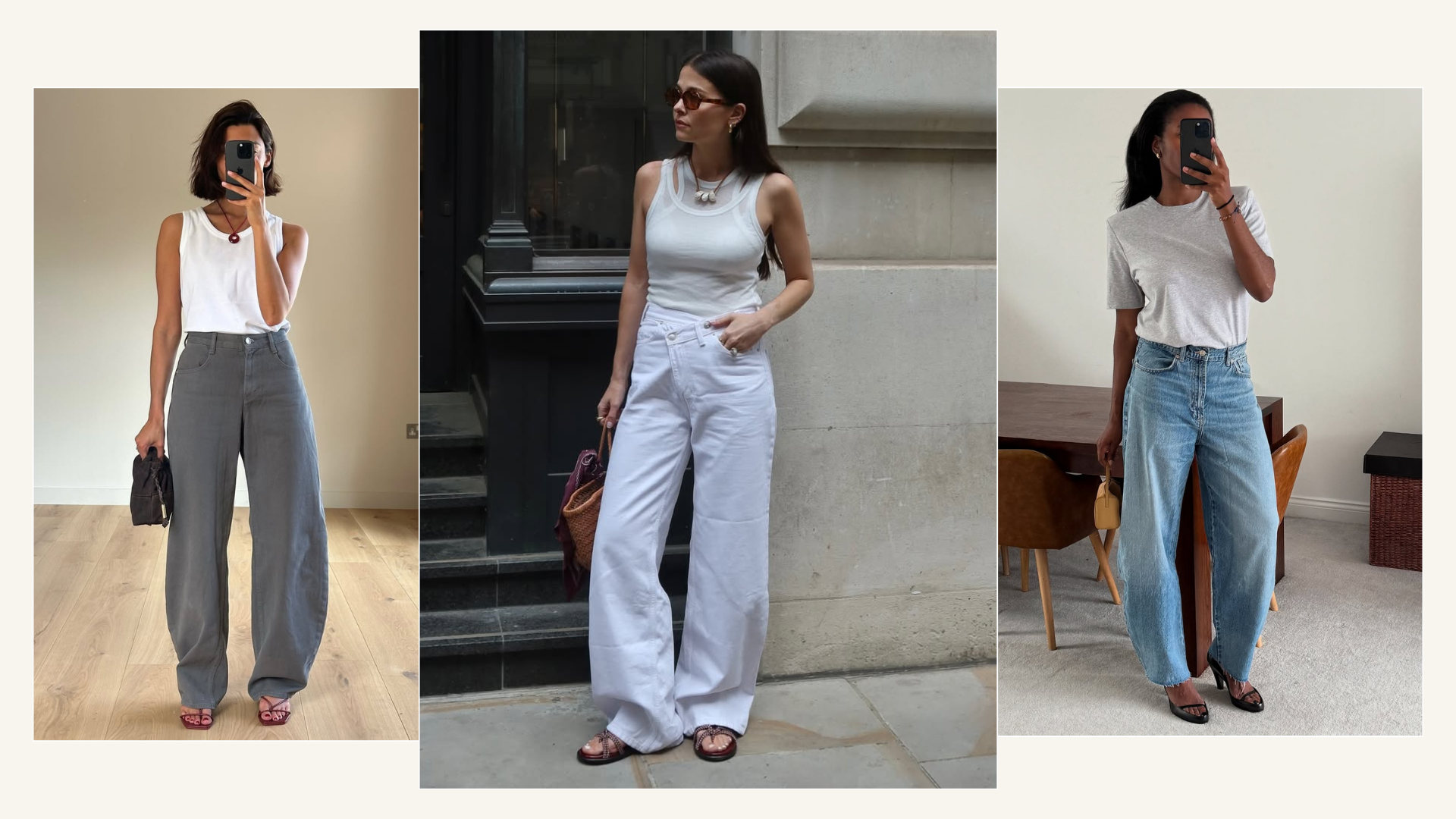Three ways to wear barrel-leg jeans and sandals