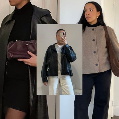 Lauren Tappan wearing a black trench coat, Lauren Tappan wearing a leather jacket and white pants, Lauren Tappan wearing a collarless coat and black pants