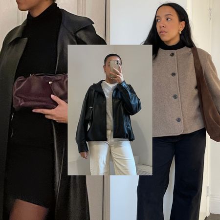 Lauren Tappan wearing a black trench coat, Lauren Tappan wearing a leather jacket and white pants, Lauren Tappan wearing a collarless coat and black pants
