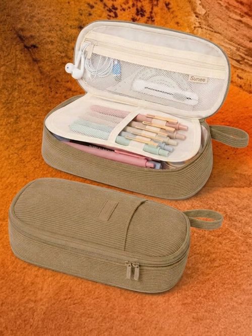 Sunee Cute Pencil Case, Large Pencil Pouch, Soft Corduroy Fabric Big Pencil Bag With Zipper, Kawaii Pen Bag Stationery Storage and Organizer, School Supplies for Teen, Student, Boys, Girls, Khaki