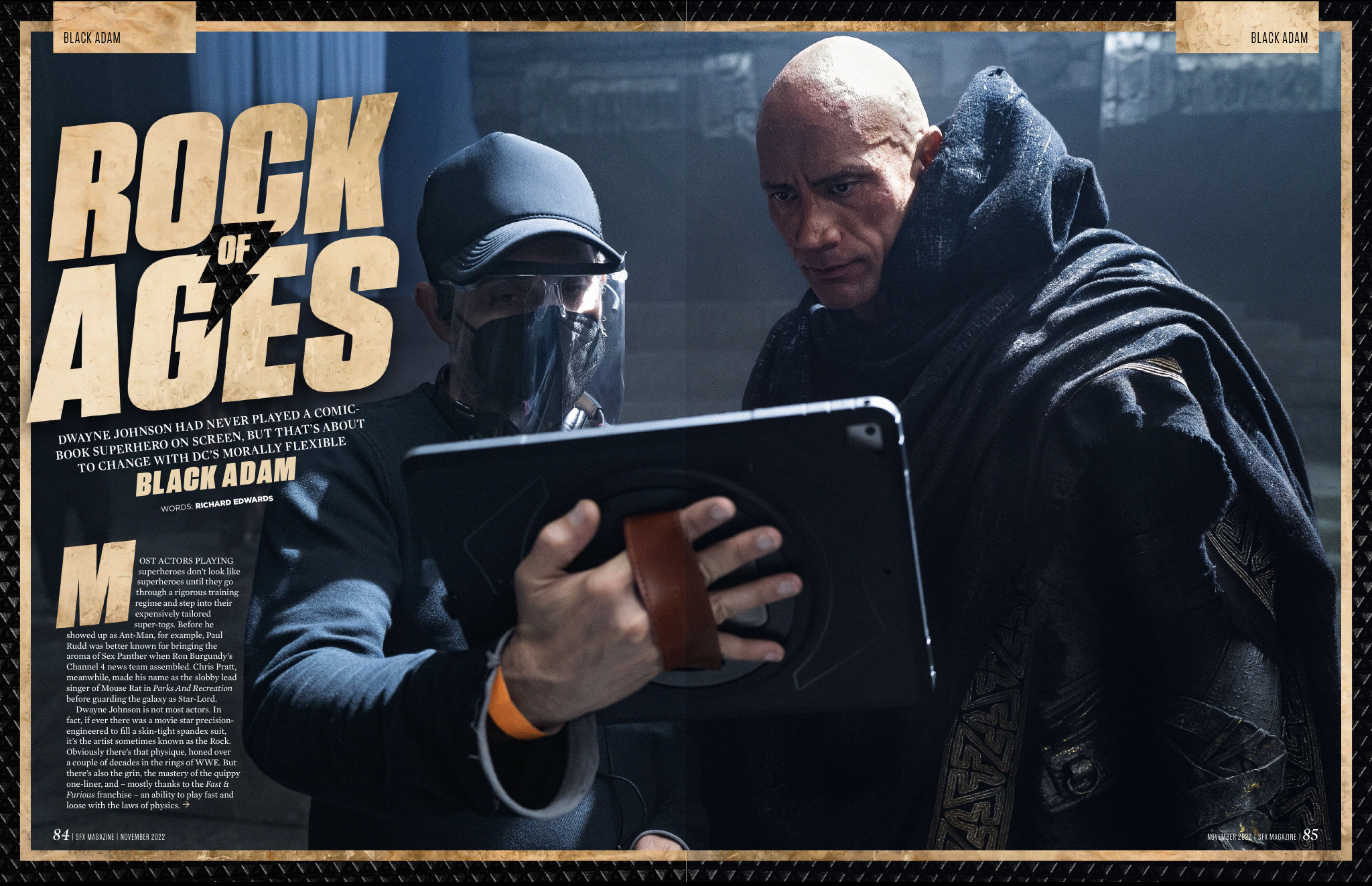 Director Jaume Collet-Serra and Dwayne Johnson looking at an iPad.