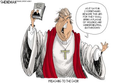 Political cartoon U.S. Trump lies preaching art of the deal liberals gender neutral bathrooms