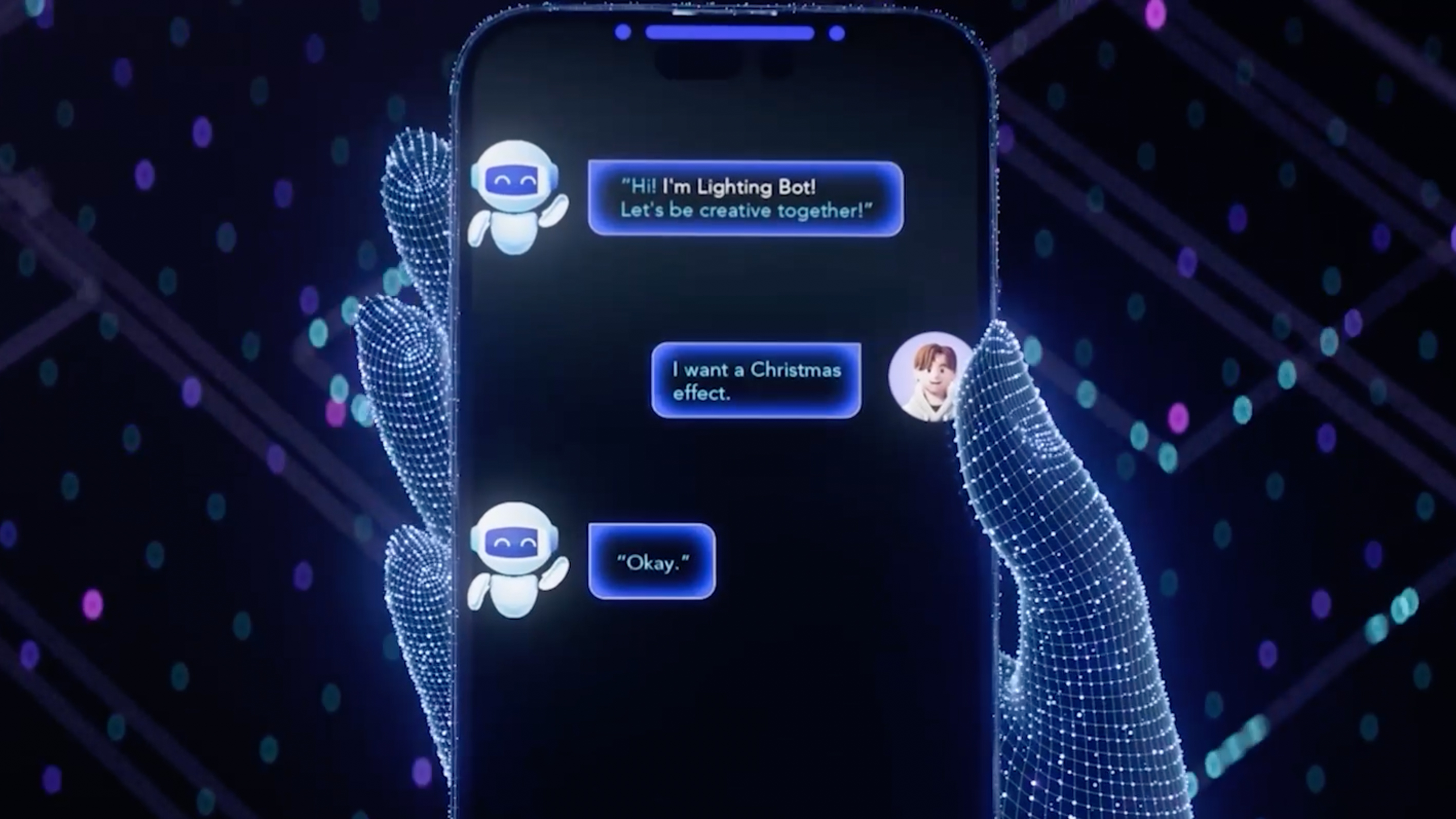 A mock-up of the Govee AI Lighting chatbot on a phone
