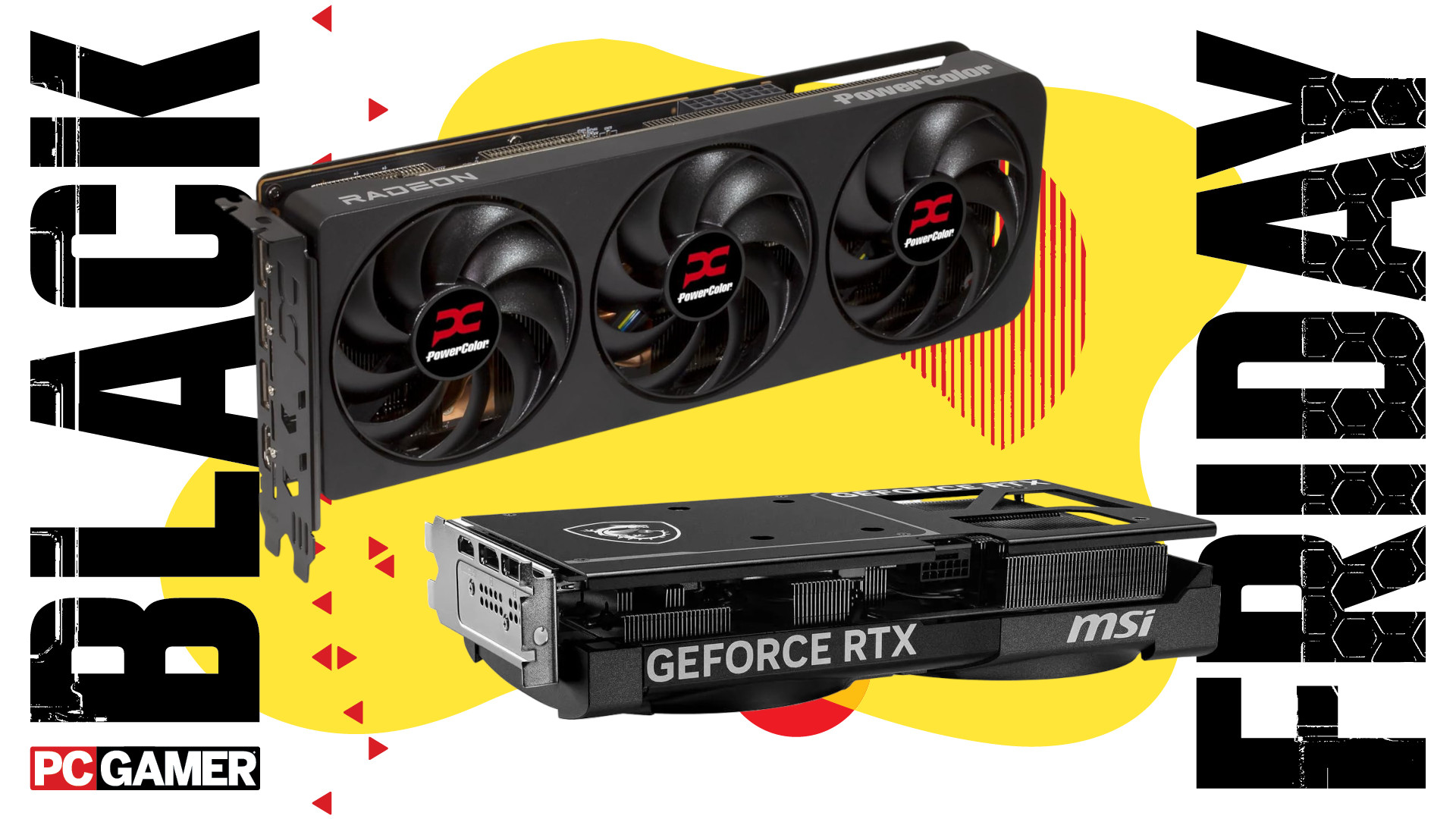 A pair of MSI and PowerColor graphics cards against a colorful background, with a set of PC Gamer and Black Friday logos on the sides
