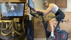 Hannah rides the Echelone EX-5s exercise bike in her basement, with an inserted image of the screen she can see on the left hand side 