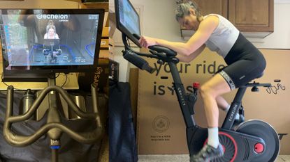 Hannah rides the Echelone EX-5s exercise bike in her basement, with an inserted image of the screen she can see on the left hand side