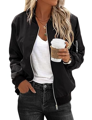 Zeagoo Womens Bomber Jacket Lightweight Flight Black Jackets Utility Zip Up Short Coat Top With 2 Pockets M