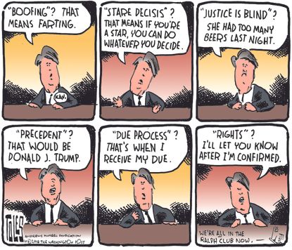 Political cartoon U.S. Brett Kavanaugh hearing questions beer Trump
