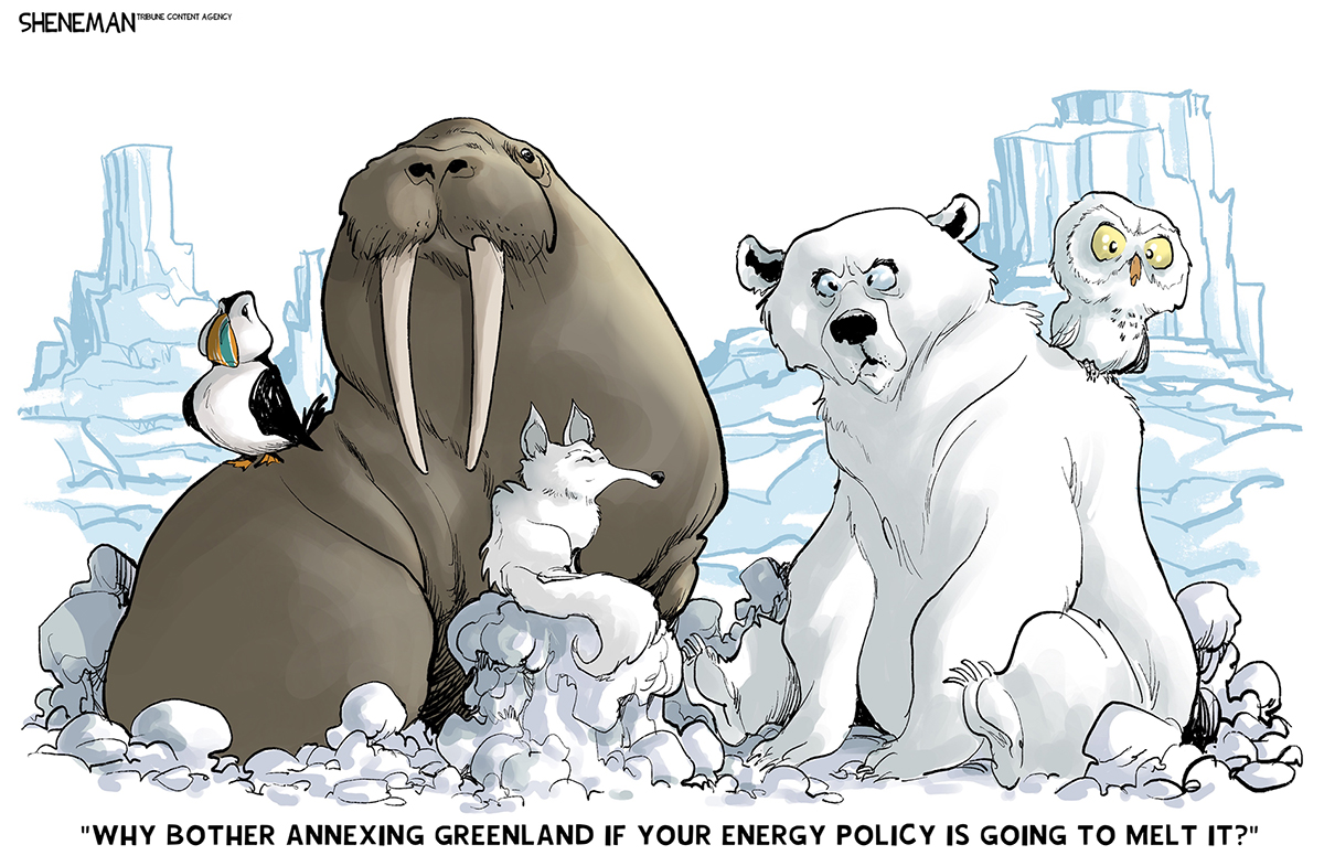 This cartoon depicts a walrus, a fox, and a polar bear in Greenland. A penguin sits on the walrus&amp;rsquo; hip and an owl rests on the polar bear&amp;rsquo;s back. The animals look angry. The polar bear speaks and says, &amp;ldquo;Why bother annexing Greenland if your energy policy is going to melt it?&amp;rdquo;