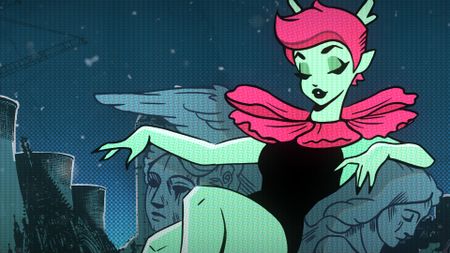 Key art for Alruna: End of History showing Alruna in front of a nuclear power station and religious iconography