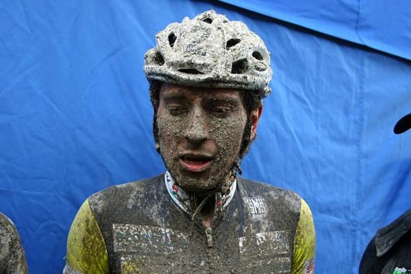 Enrico Franzoi was covered in mud after the finish