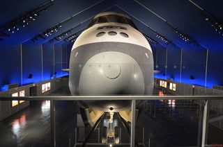 Visitors to the Intrepid Sea, Air and Space Museum's new "Space Shuttle Pavilion" can come nose-to-nose with Enterprise atop an expanded platform.