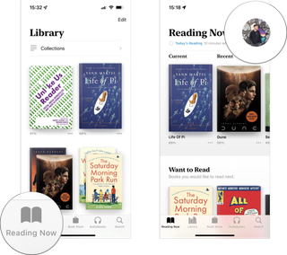 How to unhide a book in Apple Books: Tap on Reading Now, tap on your account