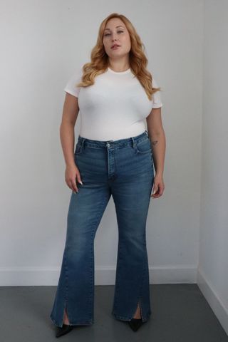 Hayley Hasselhoff wears Good American flared jeans