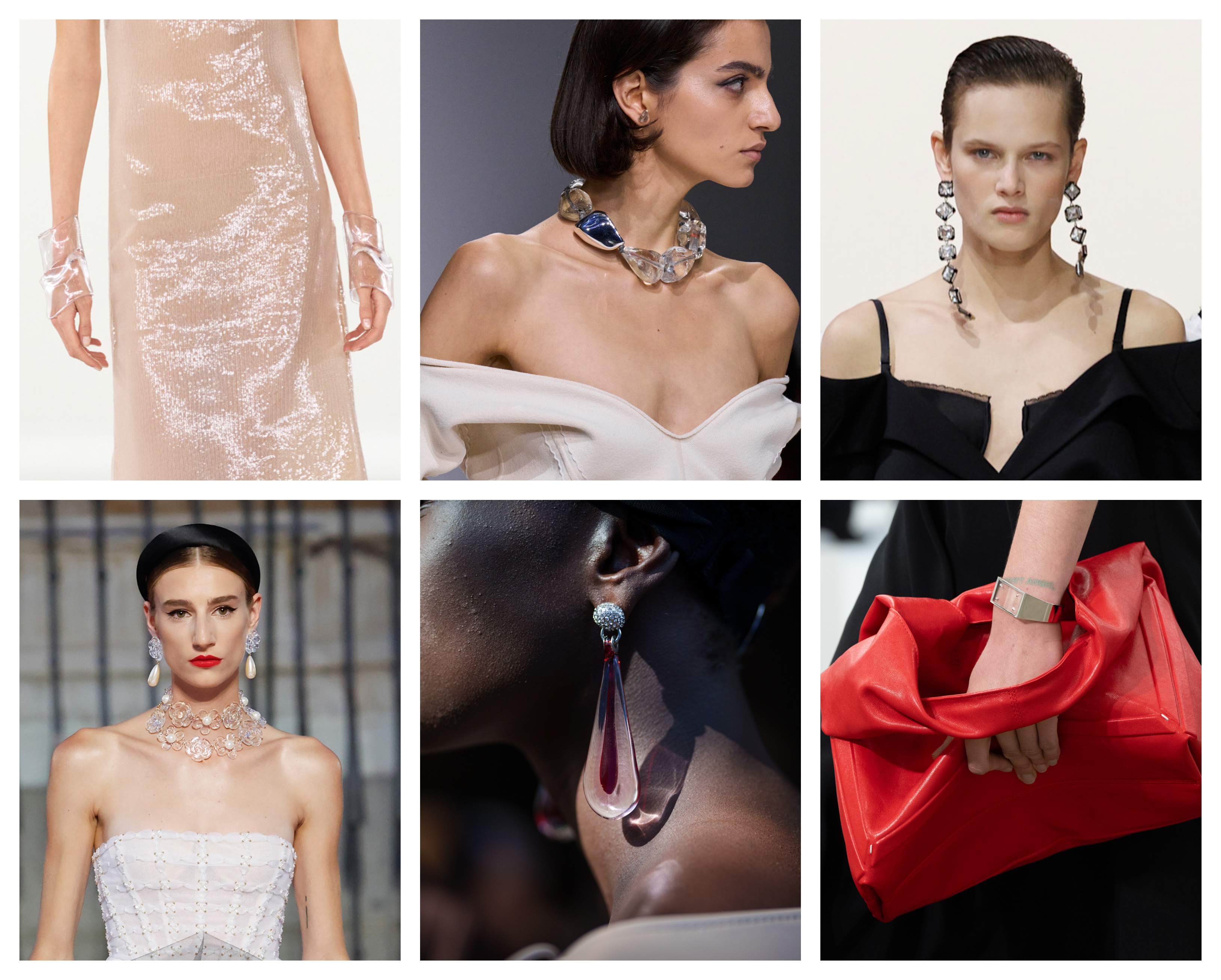 spring jewelry trends 2026, clear at Courr&amp;egrave;ges, Bottega Veneta, Givenchy, Carolina Herrera, Lanvin, and Maison Margiela