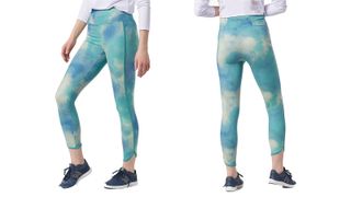 a side-by-side of a woman wearing the zuda Regular Z-Move Tie-Dye Side Stripe Leggings, one of w&h's best plus-size leggings picks, at two different angles