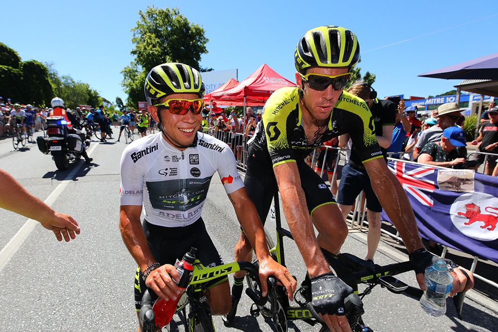 Caleb Ewan and Matt Haymen celebrate Mitchelton-Scott's successful day