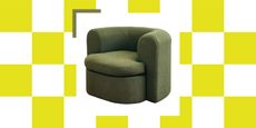 A moss green storage sofa cut-out against a checkerboard neon yellow backdrop
