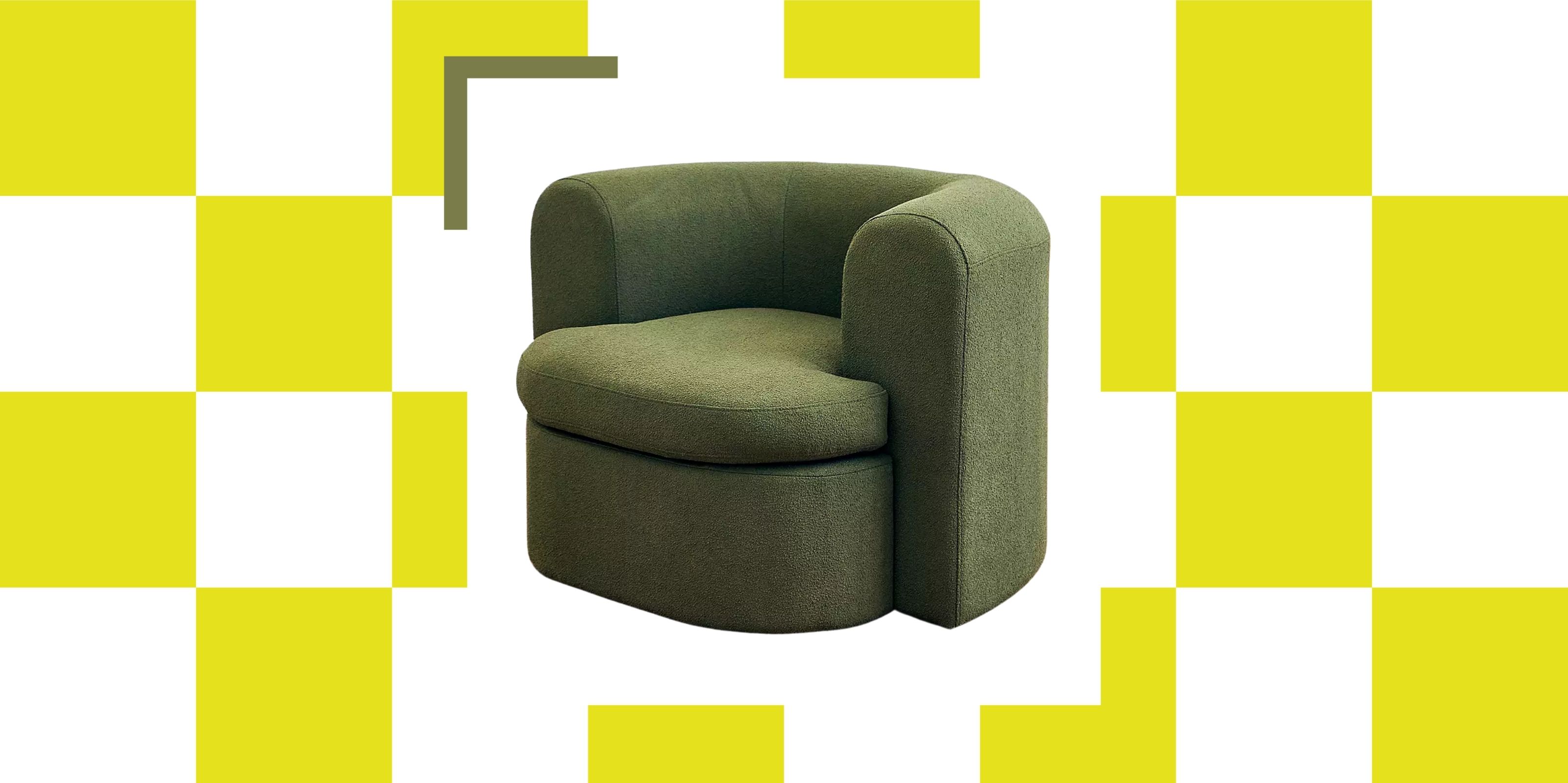 A moss green storage sofa cut-out against a checkerboard neon yellow backdrop