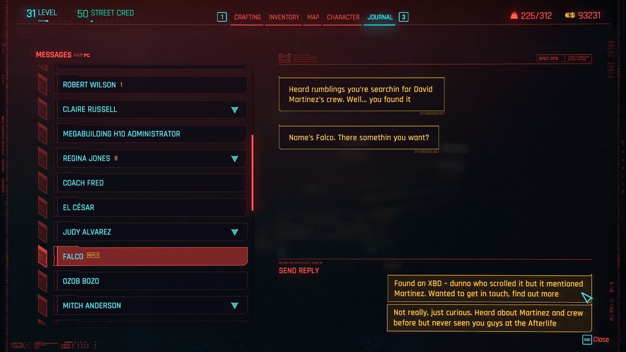 Cyberpunk 2077 Over the Edge quest step with Falco message