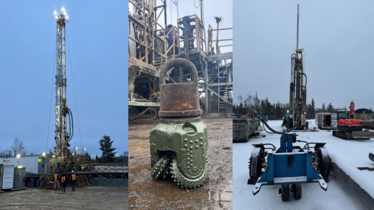 Three pictures showing Pulsar Helium&#039;s helium drilling rig and drill bit in Minnesota.