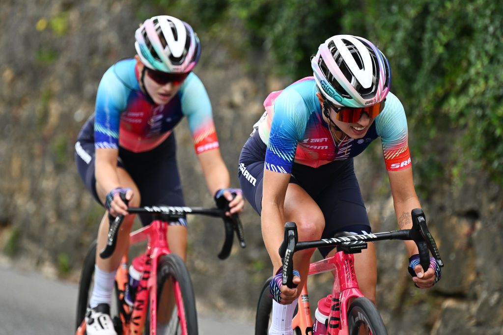 CHAMPAGNE SWITZERLAND JUNE 17 Katarzyna Niewiadoma of Poland and Team CanyonSram Racing competes in the breakaway during the 4th Tour de Suisse Women 2024 Stage 3 a 1256km stage from Vevey to Champagne UCIWWT on June 17 2024 in Champagne Switzerland Photo by Tim de WaeleGetty Images