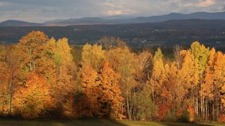 Fall colors in Vermont with the Green Mountains in the distance
