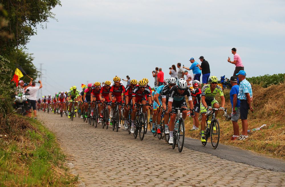 The peloton sails over the cobbles during stage 4 of the 2015 Tour de France.