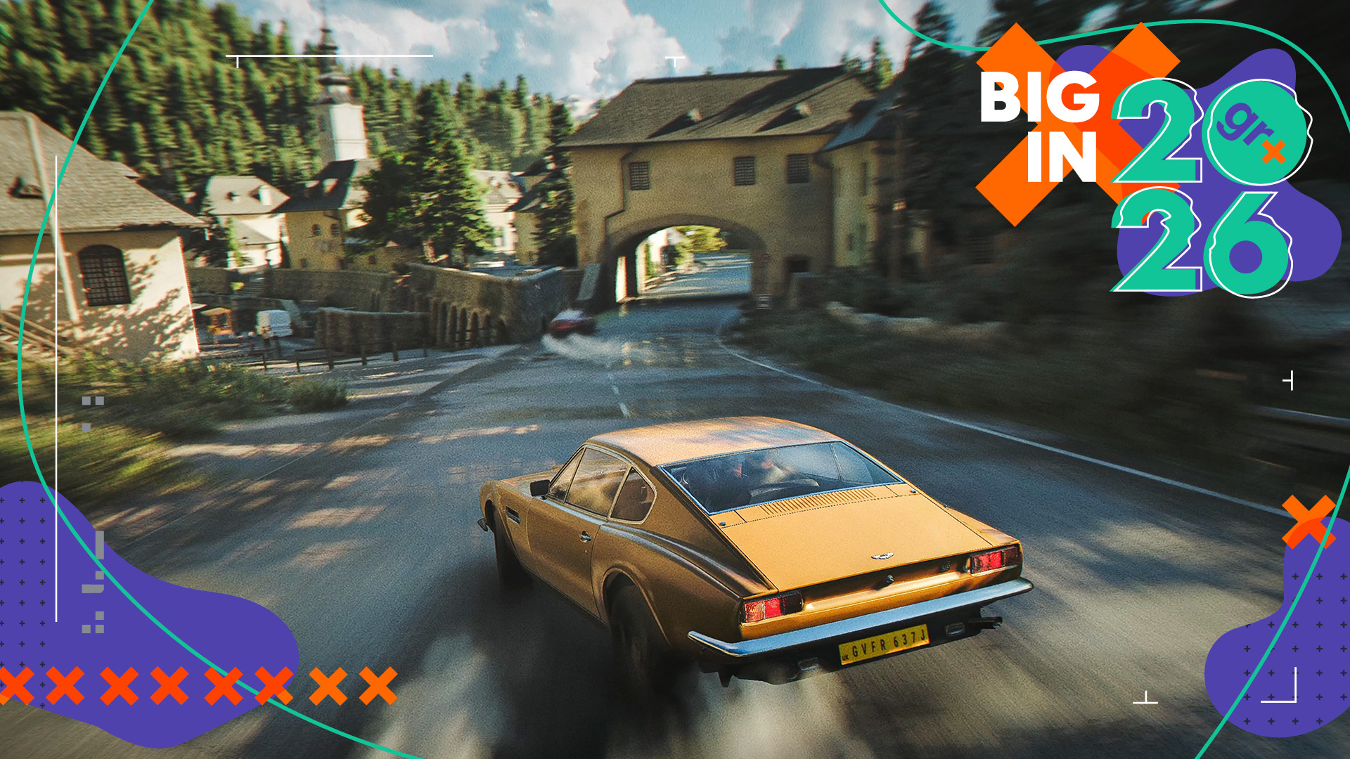 A classic car hurtles down a quiet countryside road with James Bond at the wheel in 007 First Light, with the GamesRadar+ Big in 2026 branding frame